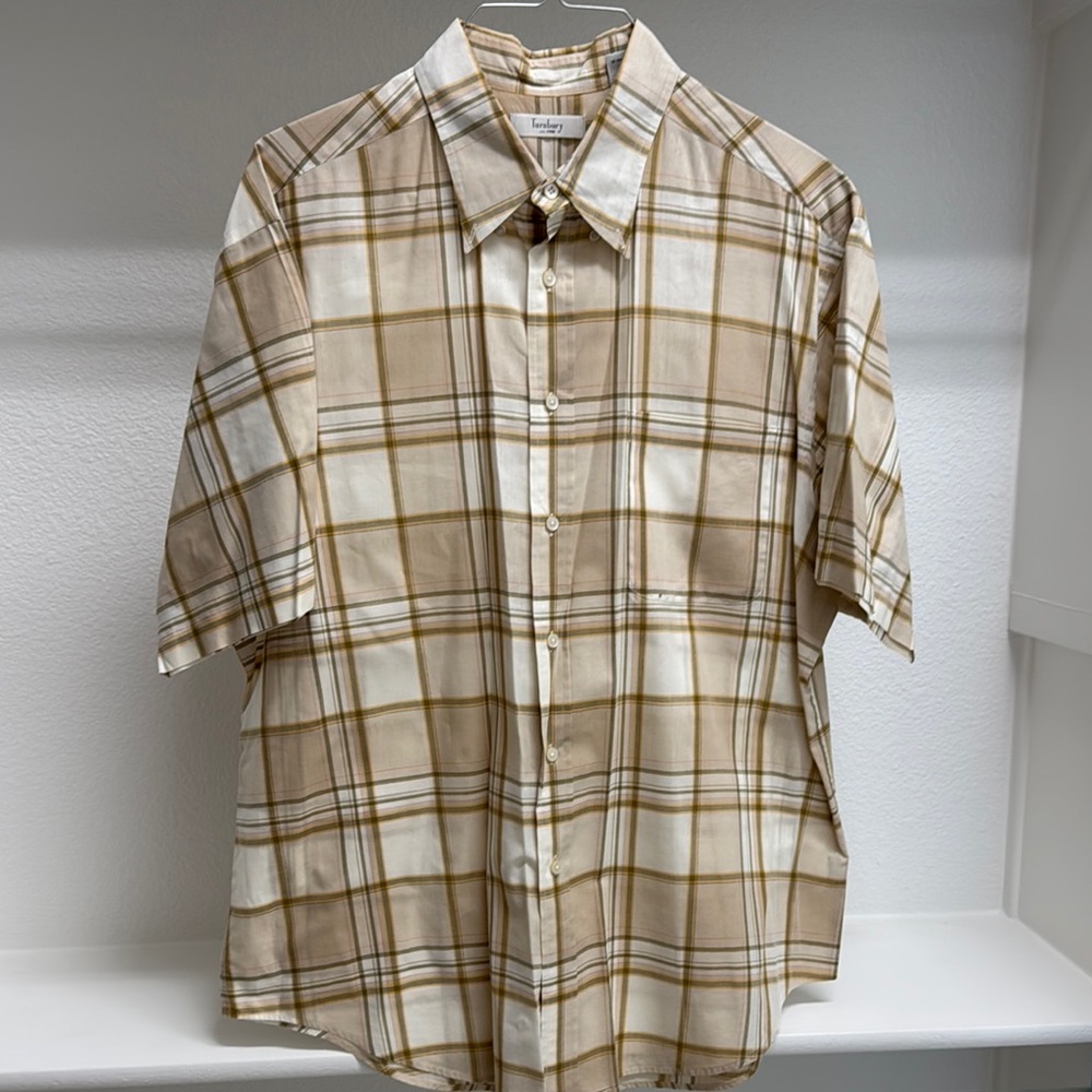 Turnbury Men’s XL Short Sleeve Button Down Tan Plaid Dress Shirt 100% Cotton